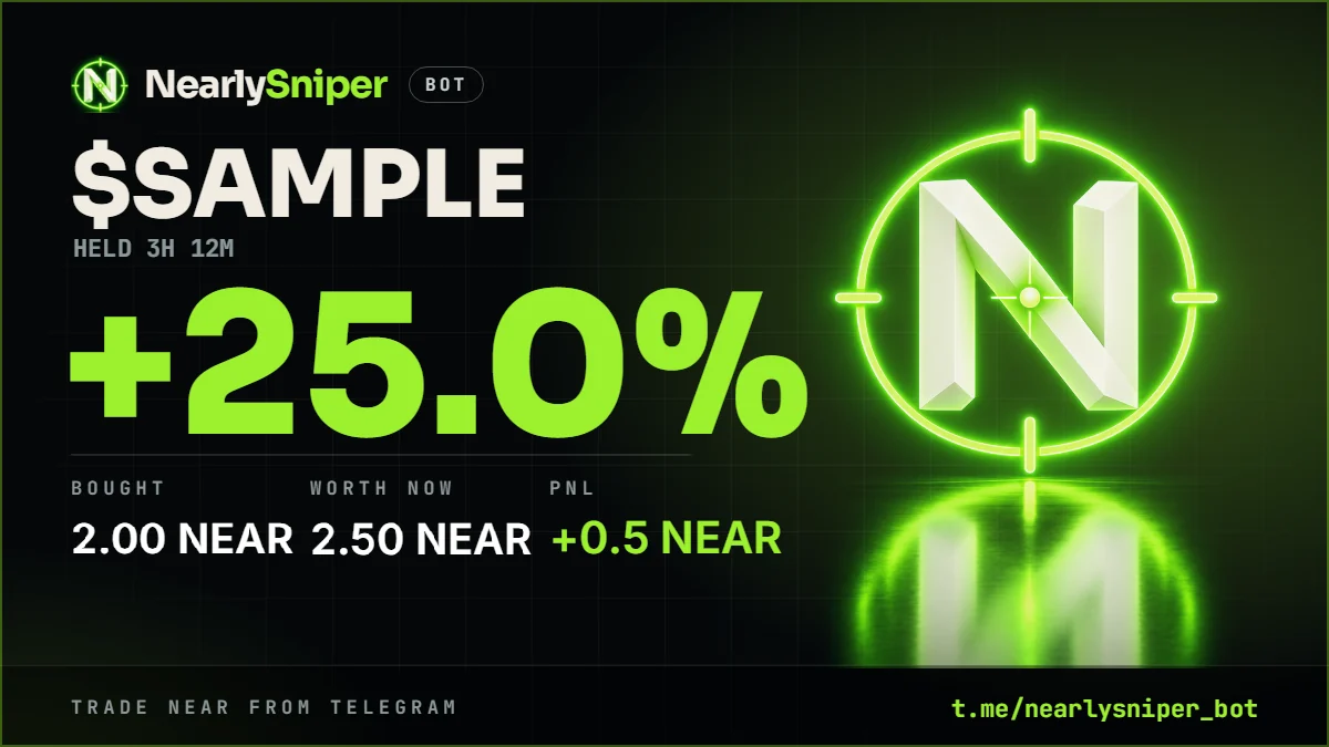 A sample PnL card of the bot: the symbol SAMPLE, plus 25 percent